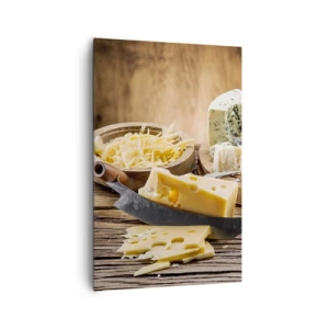 Impression sur toile - Image sur toile - Un plateau de fromages avec différents types sur une table en bois - 80x120cm - Sourire au fromage - Décoration murale moderne pour le salon et la chambre ARTTOR
