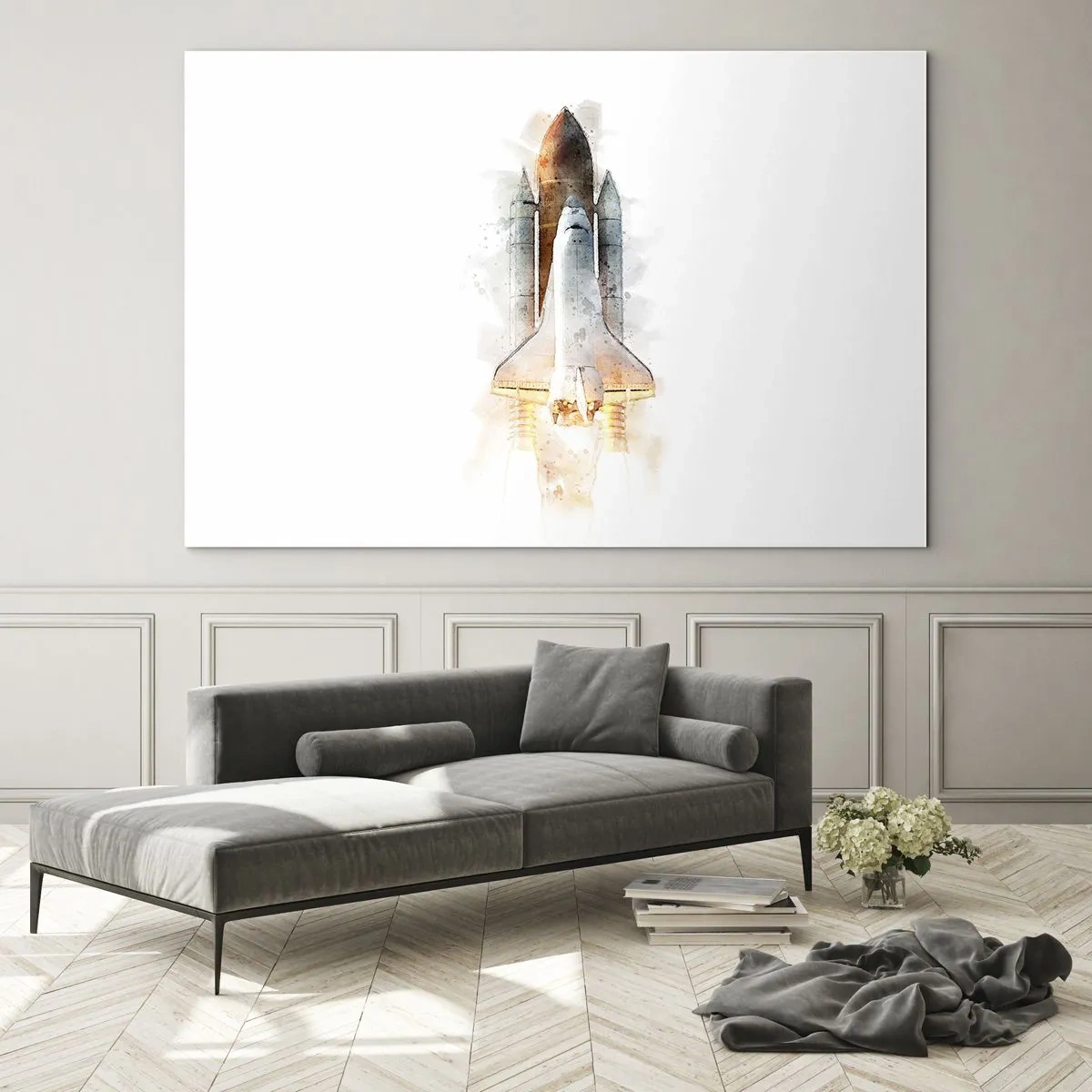 Impression sur verre - Image sur verre - Une navette spatiale décollant dans un style aquarelle sur fond blanc. - 120x80cm - Des explorateurs pour commencer - Décoration murale moderne pour le salon et la chambre ARTTOR