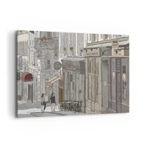 Impression sur toile - Image sur toile - Illustration d'une rue de la ville avec des cafés et des magasins - 120x80cm - Joie de la ville - Décoration murale moderne pour le salon et la chambre ARTTOR