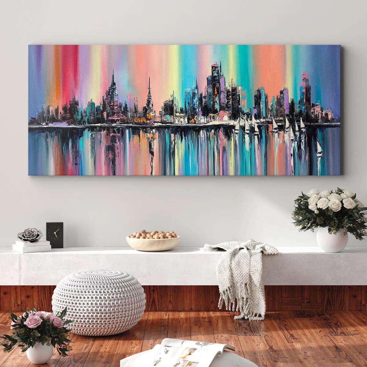 Impression sur toile - Image sur toile - Paysage urbain coloré avec reflet sur l'eau - 120x50cm - Noyé par la lumière de la nuit - Décoration murale moderne pour le salon et la chambre ARTTOR