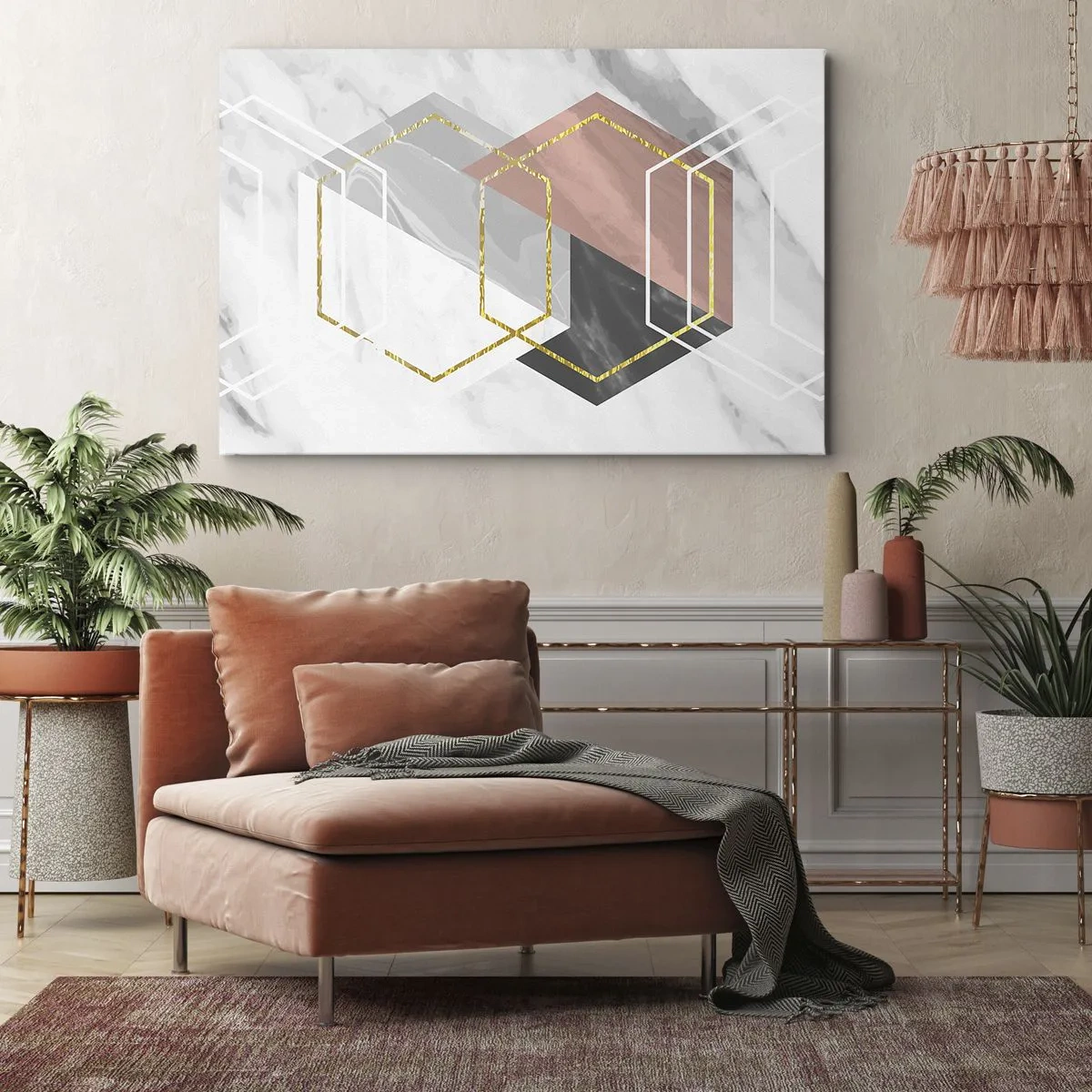 Impression sur toile - Image sur toile - Figures géométriques avec des accents d'or et de marbre - 70x50cm - Composition en chaîne - Décoration murale moderne pour le salon et la chambre ARTTOR