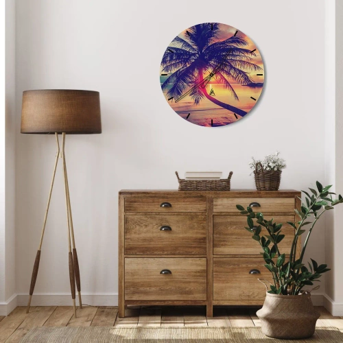 Horloge murale - Pendule murale - Un palmier sur fond de soleil couchant sur la mer - 30x30cm - Soirée sous les palmiers - Décoration murale moderne pour le salon, la cuisine et la chambre ARTTOR