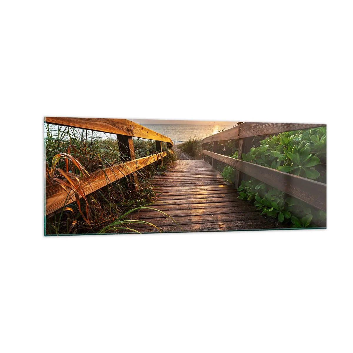 Impression sur verre - Image sur verre - Jetée en bois menant à la plage au coucher du soleil - 140x50cm - Tout droit vers le rivage - Décoration murale moderne pour le salon et la chambre ARTTOR