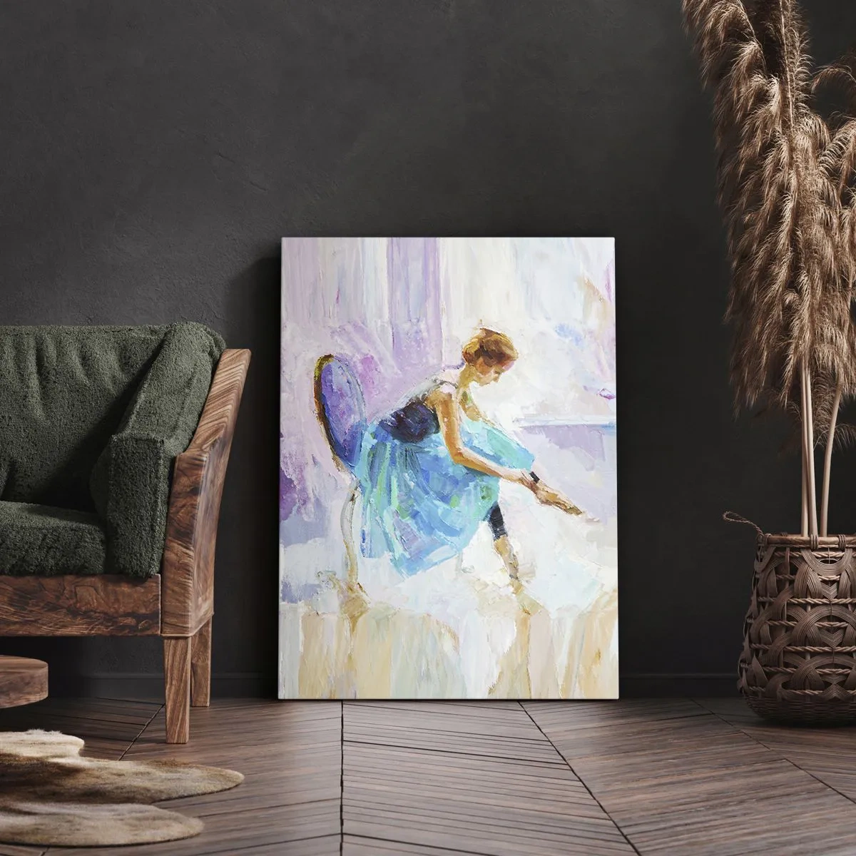 Impression sur toile - Image sur toile - Une ballerine se prépare à danser dans des tons pastel. - 80x120cm - Grâce ineffable, charme subtil - Décoration murale moderne pour le salon et la chambre ARTTOR