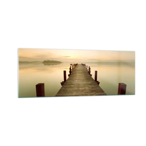 Impression sur verre - Image sur verre - Une jetée en bois sur un lac calme le matin - 140x50cm - L'aube, les premières lueurs, le jour  - Décoration murale moderne pour le salon et la chambre ARTTOR