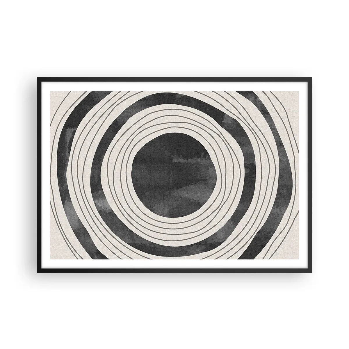 Affiche dans un cadre noir - Poster - Cercles concentriques noirs et blancs sur fond clair - 100x70cm - Droit au but - Décoration murale moderne pour le salon et la chambre ARTTOR
