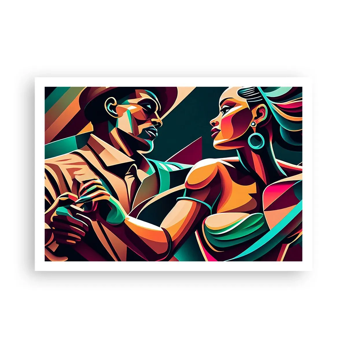 Affiche - Poster - Un couple stylisé dansant dans des couleurs vibrantes et géométriques. - 100x70cm - Au rythme du coeur - Décoration murale moderne pour le salon et la chambre ARTTOR
