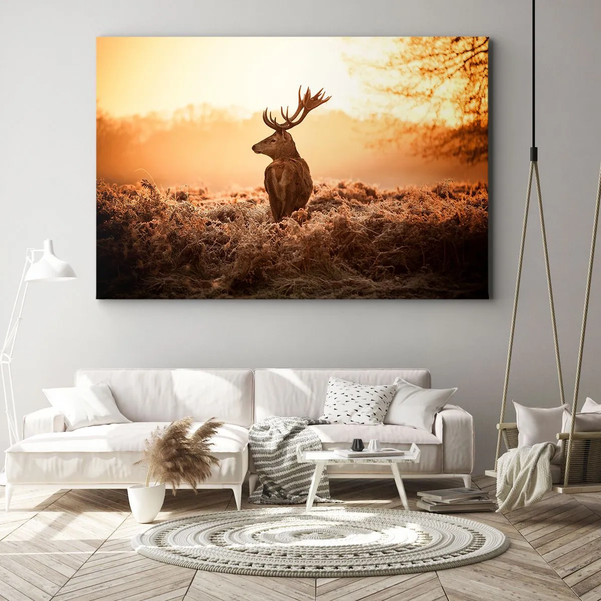 Impression sur toile - Image sur toile - Cerf dans les rayons du soleil levant - 120x80cm - Seigneur du domaine - Décoration murale moderne pour le salon et la chambre ARTTOR