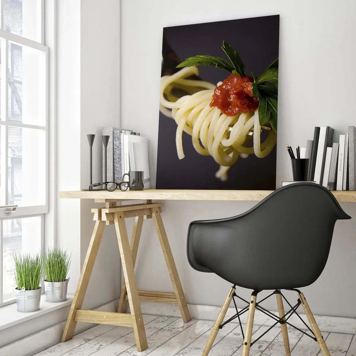 Impression sur verre - Image sur verre - Spaghettis à la fourchette avec sauce tomate et persil - 70x100cm - Une bouchée savoureuse - Décoration murale moderne pour le salon et la chambre ARTTOR