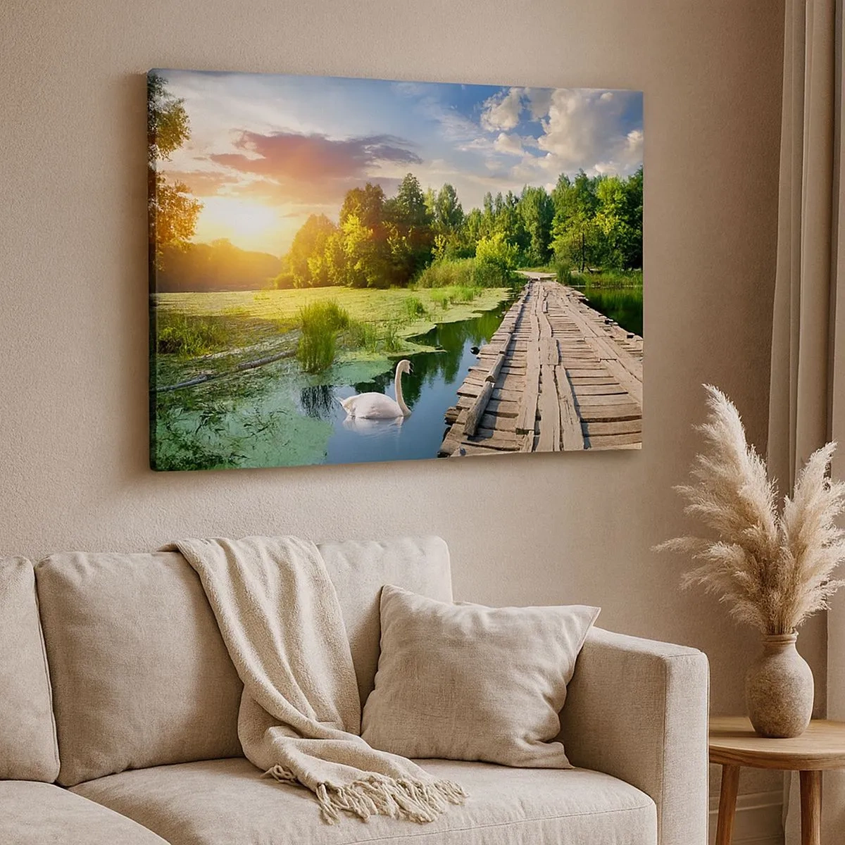 Impression sur toile - Image sur toile - Un paysage pittoresque avec un pont et un cygne - 70x50cm - L'été, l'été partout - Décoration murale moderne pour le salon et la chambre ARTTOR