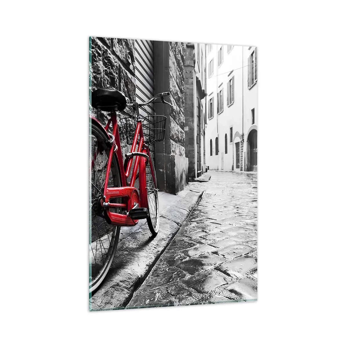 Impression sur verre - Image sur verre - Vélo rouge dans une rue en noir et blanc - 80x120cm - La vraie beauté ne vieillit pas - Décoration murale moderne pour le salon et la chambre ARTTOR