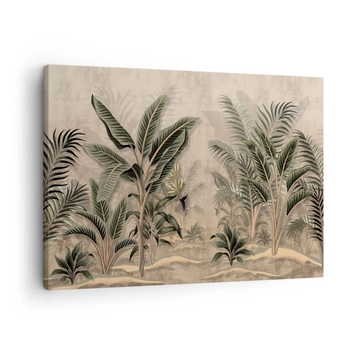 Impression sur toile - Image sur toile - Palmiers et végétation tropicale dans des tons verts sur fond beige - 70x50cm - Une gravure de style colonial - Décoration murale moderne pour le salon et la chambre ARTTOR