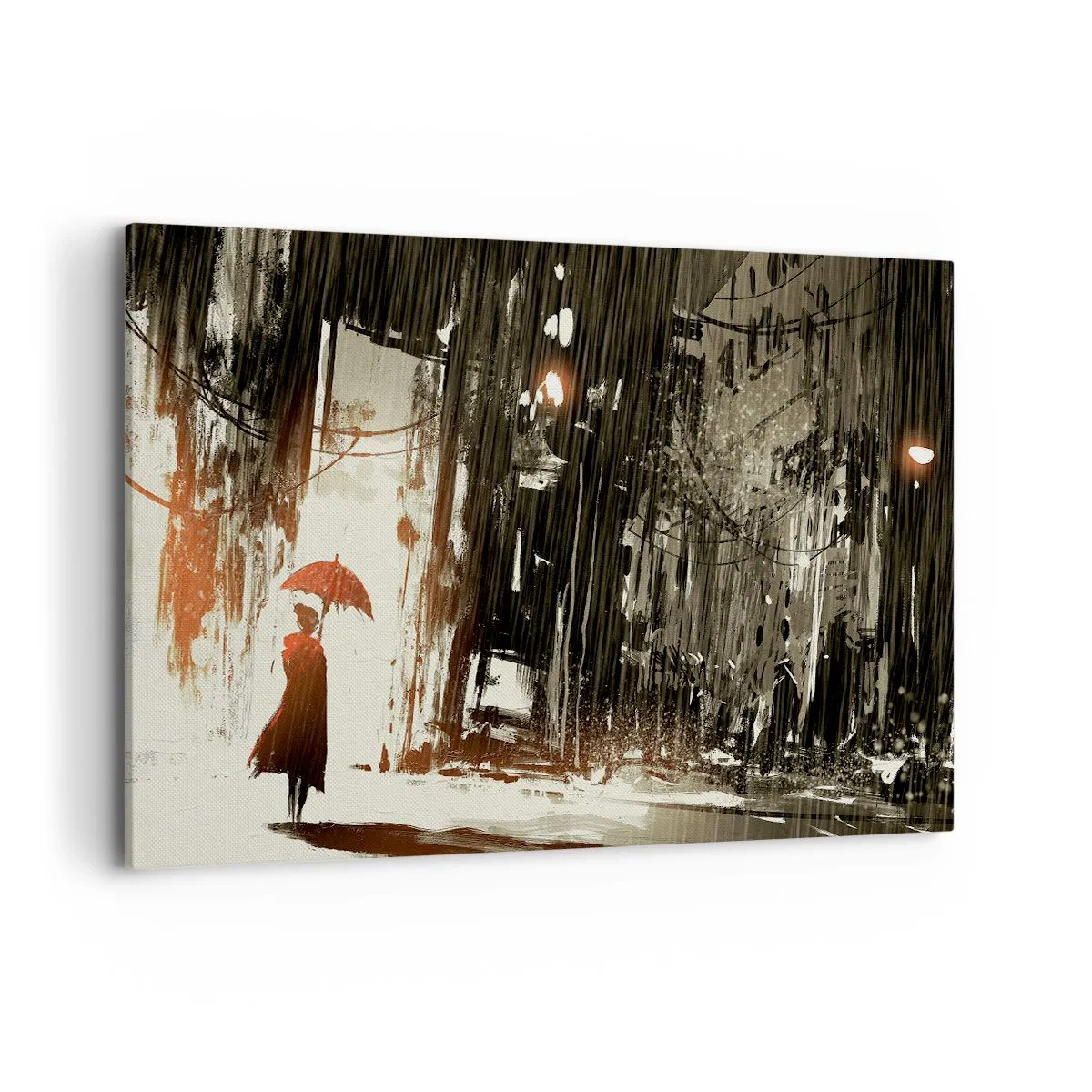 Impression sur toile - Image sur toile - Une figure rouge avec un parapluie dans une scène pluvieuse - 120x80cm - La poésie du parapluie rouge - Décoration murale moderne pour le salon et la chambre ARTTOR