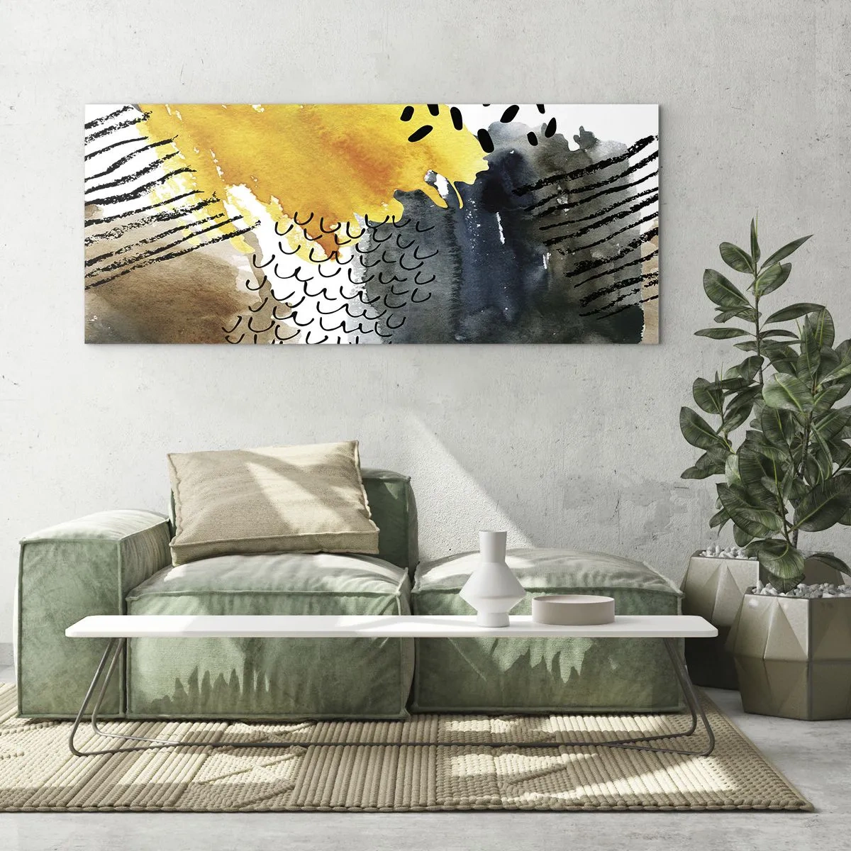 Impression sur verre - Image sur verre - Une composition abstraite avec des accents jaunes et des motifs graphiques. - 120x50cm - Rencontre des éléments - Décoration murale moderne pour le salon et la chambre ARTTOR