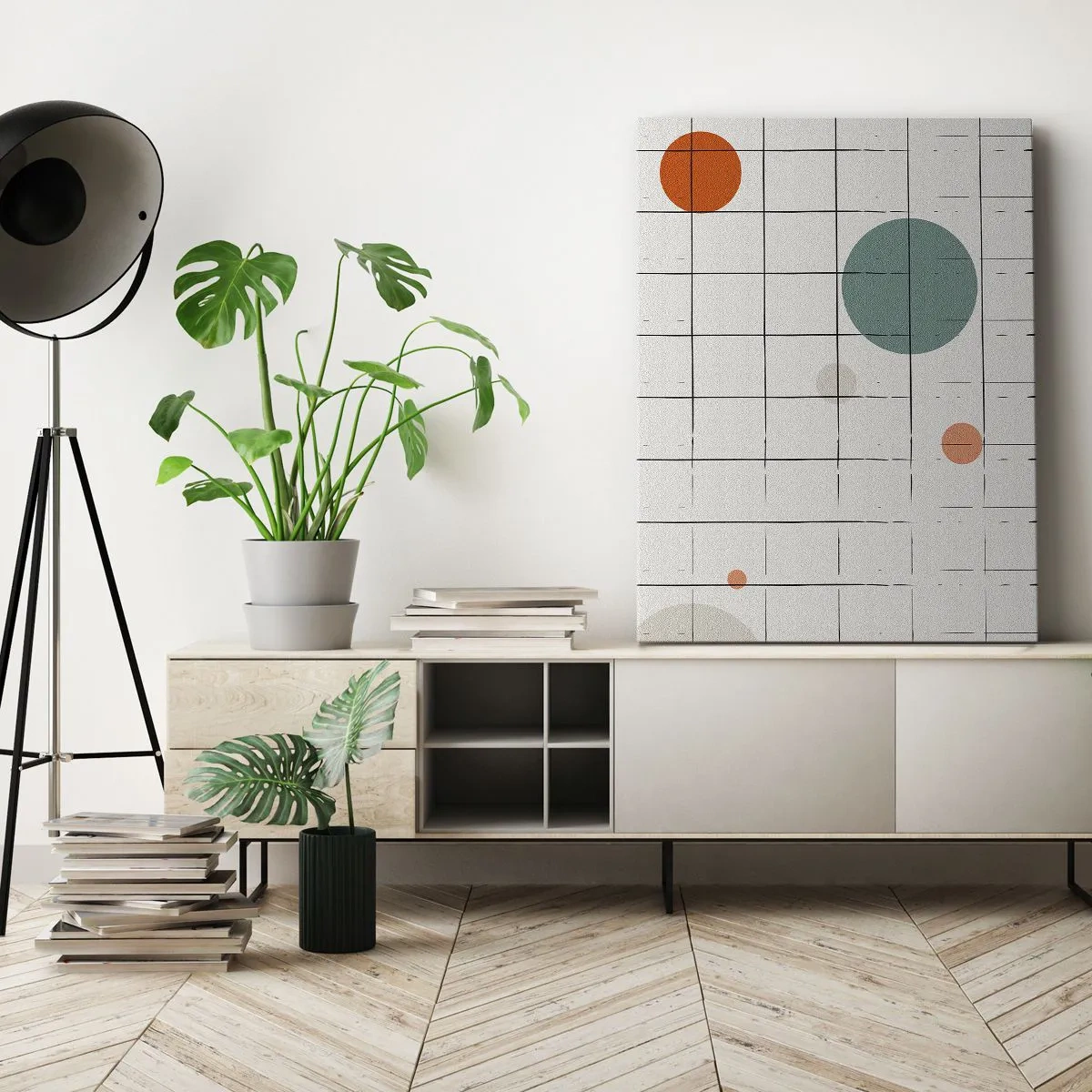 Impression sur toile - Image sur toile - Cercles colorés abstraits sur un fond de grille géométrique - 50x70cm - Piégé. Nous ou eux ? - Décoration murale moderne pour le salon et la chambre ARTTOR