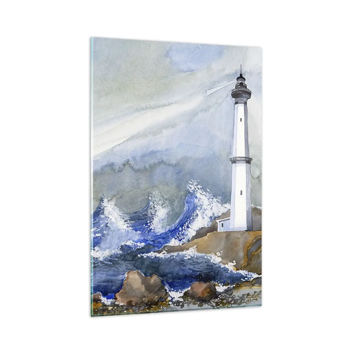 Impression sur verre - Image sur verre - Un phare sur un rivage rocheux avec une mer agitée - 80x120cm - Contre l'obscurité et la tempête - Décoration murale moderne pour le salon et la chambre ARTTOR