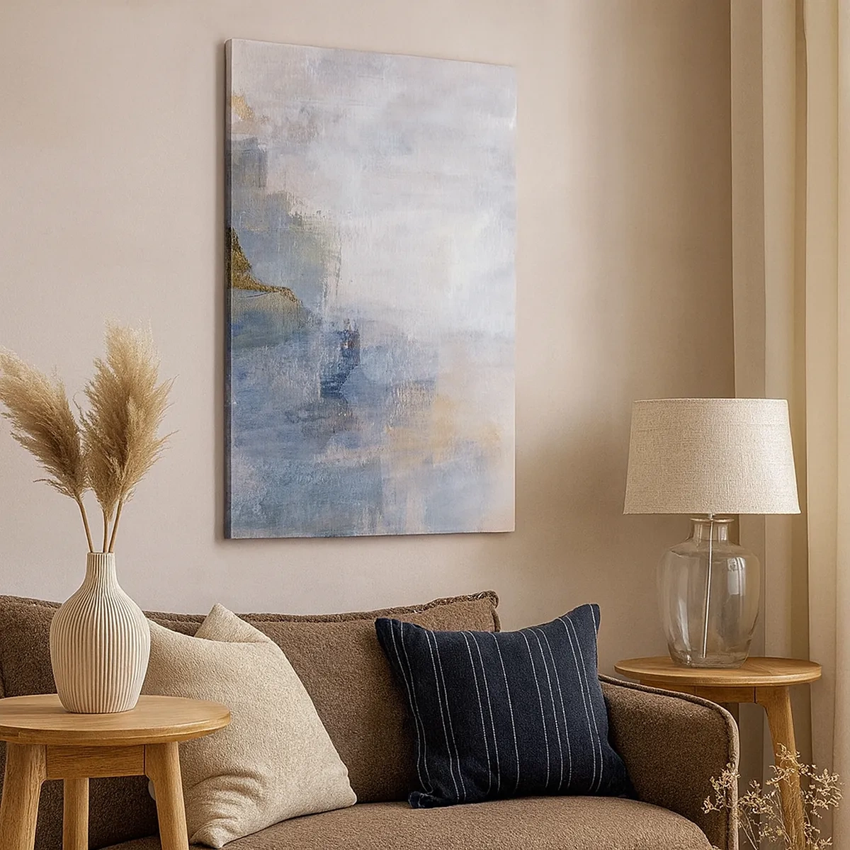 Impression sur toile - Image sur toile - Taches abstraites subtiles dans des tons de bleu et de beige - 50x70cm - Tonalités et accords de couleur - Décoration murale moderne pour le salon et la chambre ARTTOR