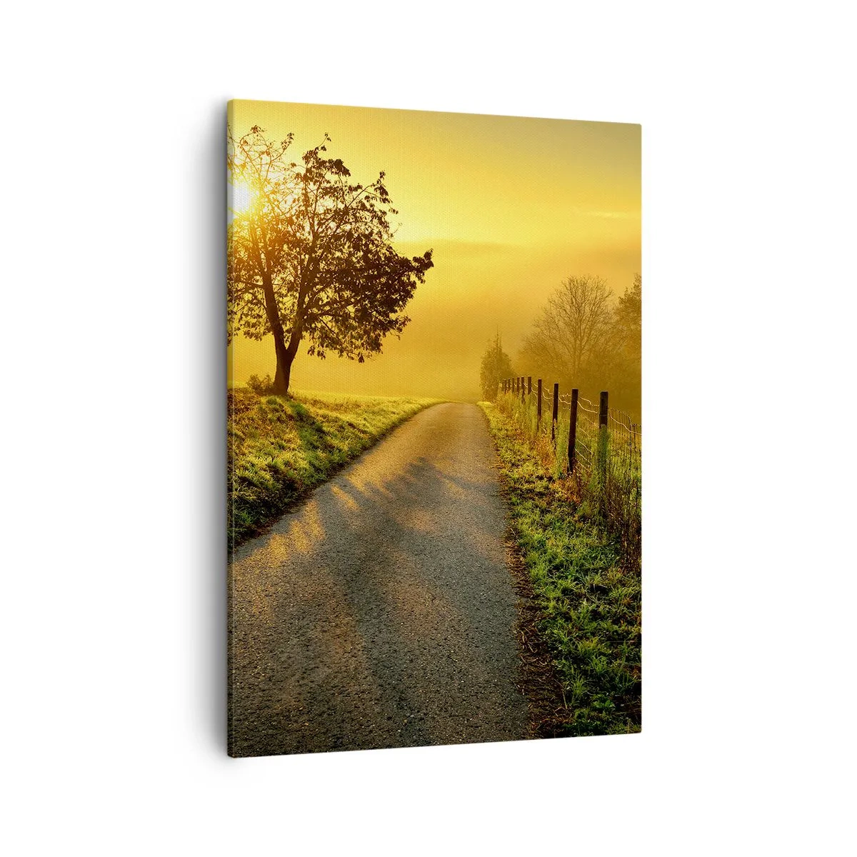 Impression sur toile - Image sur toile - Une route pittoresque au coucher du soleil avec un arbre solitaire en arrière-plan - 50x70cm - Après-midi de miel - Décoration murale moderne pour le salon et la chambre ARTTOR