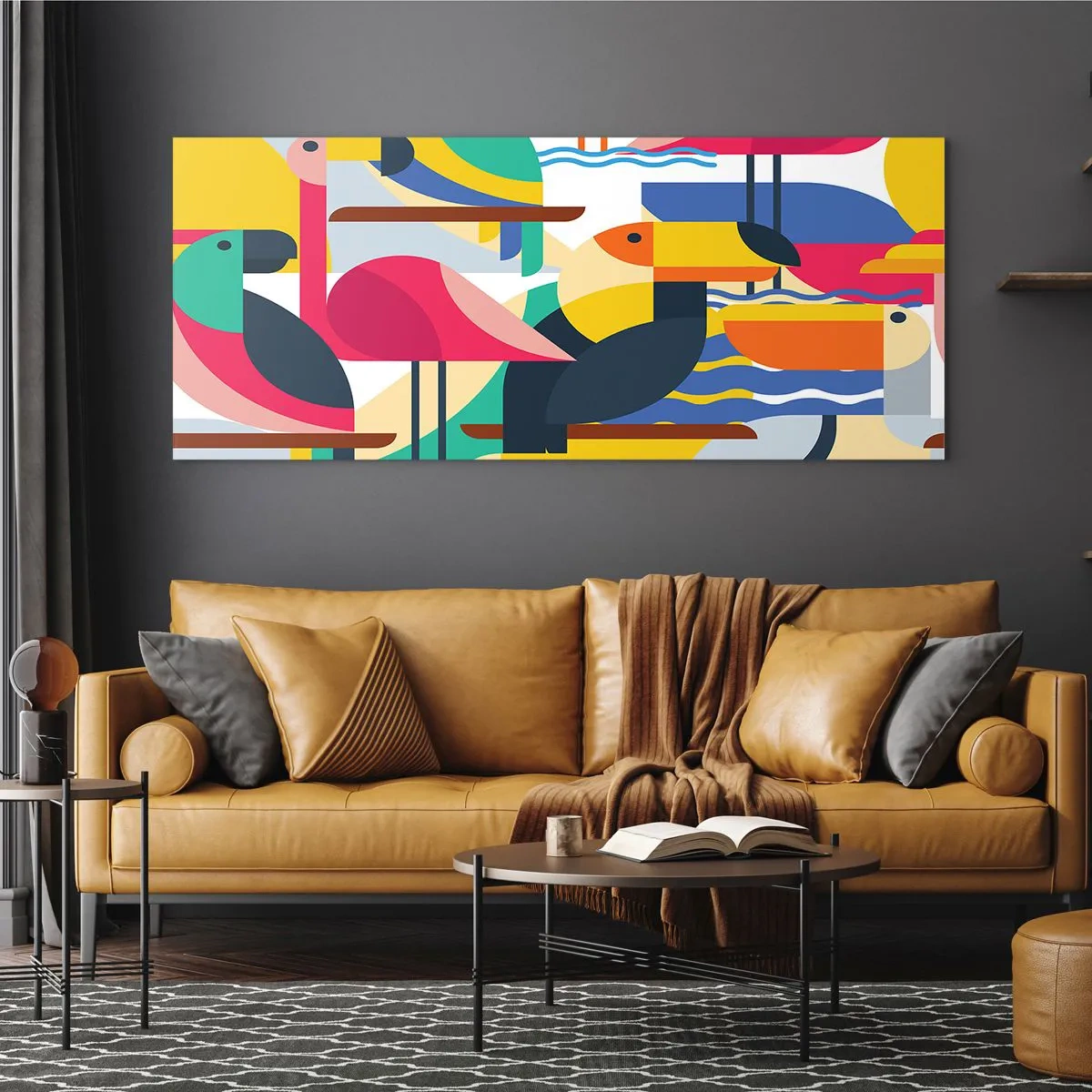 Impression sur verre - Image sur verre - Oiseaux colorés dans une composition abstraite et géométrique - 140x50cm - Fête des oiseaux - Décoration murale moderne pour le salon et la chambre ARTTOR