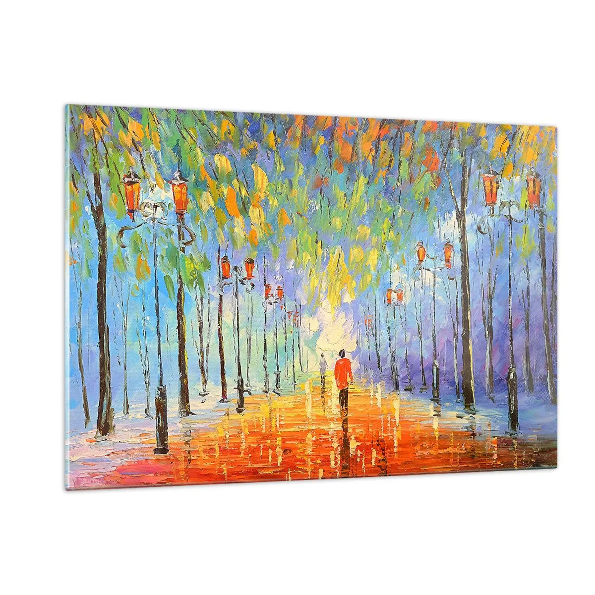 Impression sur verre - Image sur verre - Un parc coloré avec une allée et des lanternes dans un style pictural - 120x80cm - Chant nocturne de la pluie - Décoration murale moderne pour le salon et la chambre ARTTOR