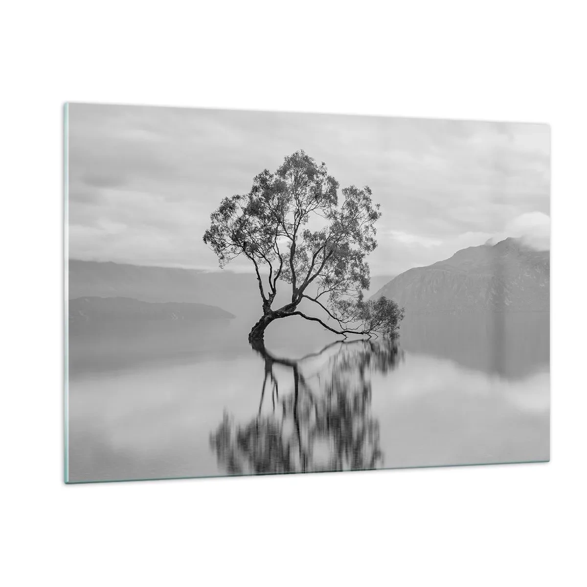 Impression sur verre - Image sur verre - Un arbre solitaire sur l'eau dans un paysage noir et blanc - 120x80cm - Un tel pays existe - Décoration murale moderne pour le salon et la chambre ARTTOR