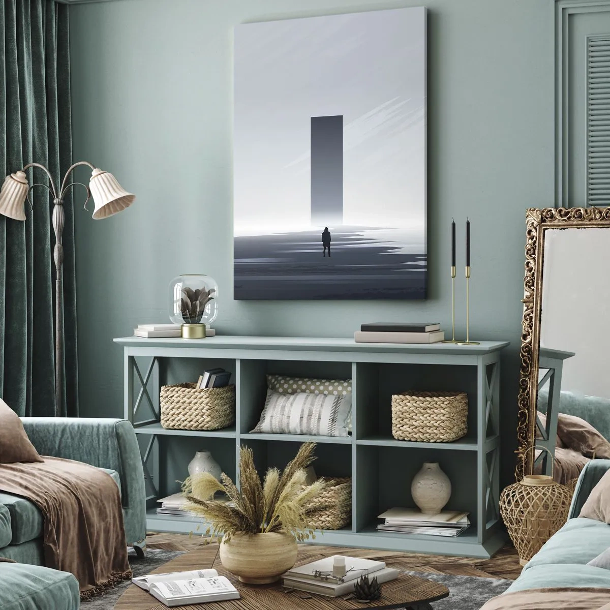 Impression sur toile - Image sur toile - Un paysage minimaliste avec une silhouette à côté d'un monolithe rectangulaire - 50x70cm - Opportunité ou menace ? - Décoration murale moderne pour le salon et la chambre ARTTOR