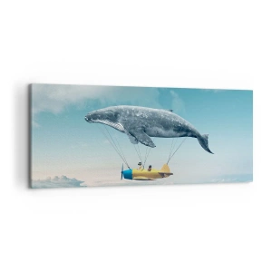 Impression sur toile - Image sur toile - Une baleine volante transporte un avion dans un décor surréaliste. - 120x50cm - Pourquoi pas? - Décoration murale moderne pour le salon et la chambre ARTTOR