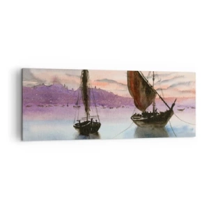 Impression sur toile - Image sur toile - Deux voiliers amarrés sur une eau calme au crépuscule - 140x50cm - Soirée au port - Décoration murale moderne pour le salon et la chambre ARTTOR