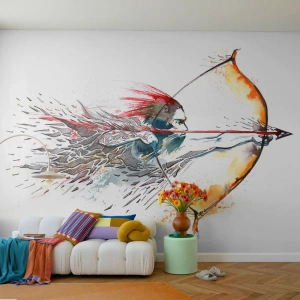 Papier Peint Autocollant Deluxe Sticker - Guerrier mythique avec un arc de feu - Abstraction, Tireur, Tir à l'arc - 300x210 cm