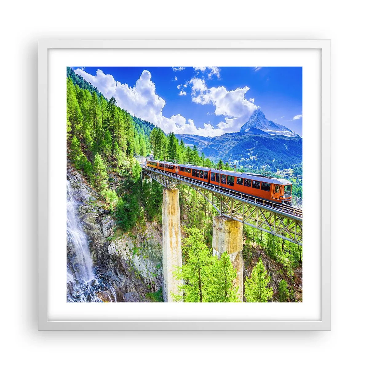 Affiche dans un cadre blanc - Poster - Train dans les Alpes - 50x50 cm