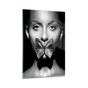 Impression sur verre - Image sur verre - Visage de femme en noir et blanc avec un papillon sur les lèvres - 80x120cm - Baiser papillon - Décoration murale moderne pour le salon et la chambre ARTTOR