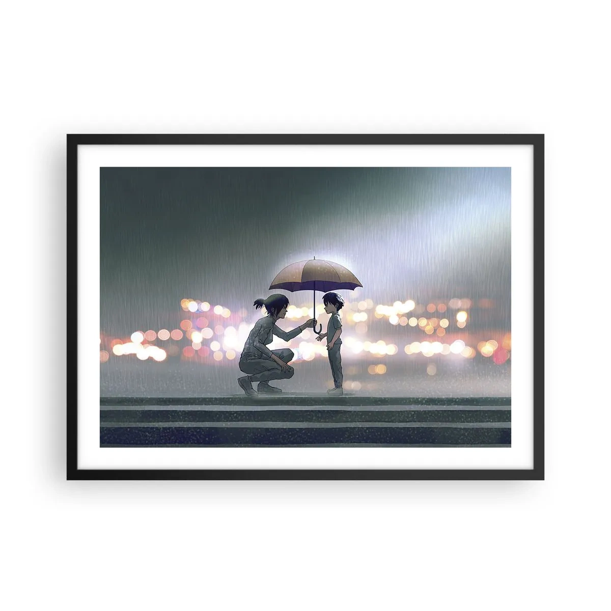 Affiche dans un cadre noir - Poster - Une silhouette avec un parapluie protégeant un enfant sur fond de lumières nocturnes. - 70x50cm - Et maintenant, tout va bien - Décoration murale moderne pour le salon et la chambre ARTTOR