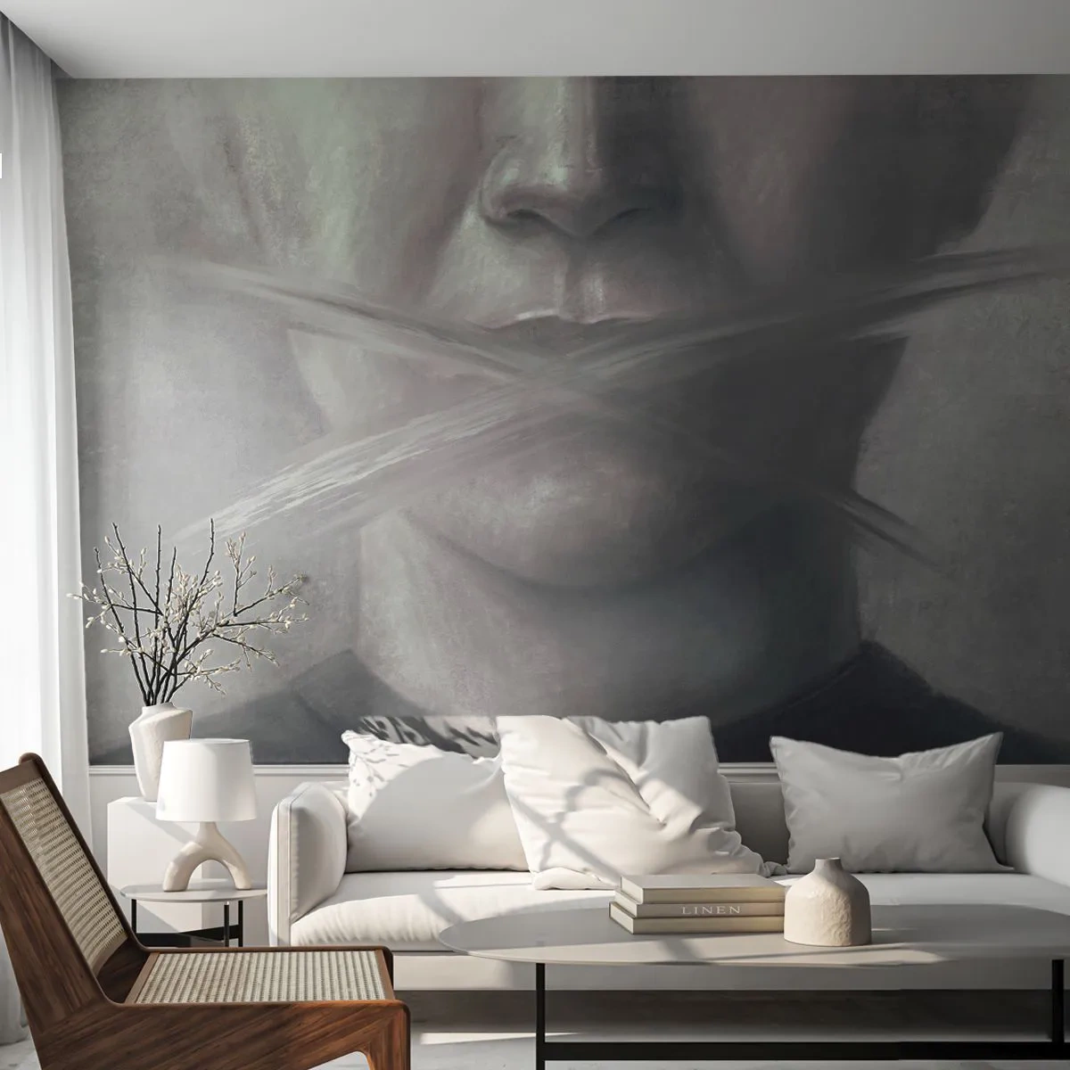 Papier Peint Photo Premium Sand - Portrait en niveaux de gris avec des lèvres floues - 100x70cm - Sans mot - Décoration murale moderne pour le salon et la chambre ARTTOR