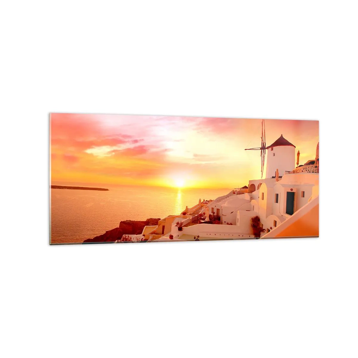 Impression sur verre - Image sur verre - Santorin au coucher du soleil avec un moulin à vent - 120x50cm - Fondre en blanc et or - Décoration murale moderne pour le salon et la chambre ARTTOR