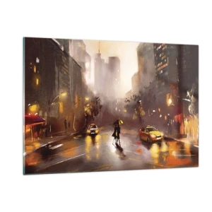 Impression sur verre - Image sur verre - Ville la nuit sous la pluie avec des taxis et la silhouette d'un couple - 120x80cm - Dans les lumières de New-York - Décoration murale moderne pour le salon et la chambre ARTTOR