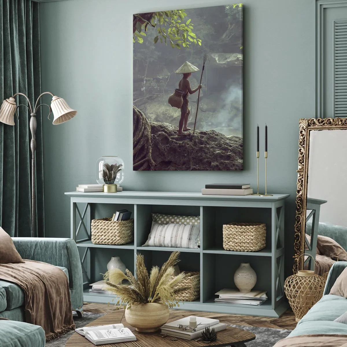 Impression sur toile - Image sur toile - Une figure avec une lance près d'une cascade dans une forêt tropicale - 70x100cm - Lier d'amitié avec la nature - Décoration murale moderne pour le salon et la chambre ARTTOR