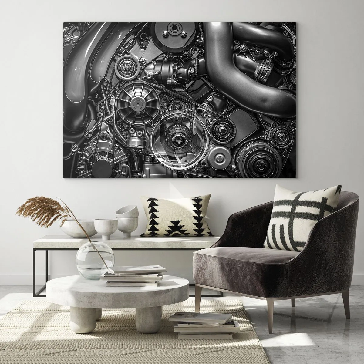 Impression sur verre - Image sur verre - Détail d'un moteur noir et blanc avec mécanismes visibles - 100x70cm - Poésie mécanique - Décoration murale moderne pour le salon et la chambre ARTTOR