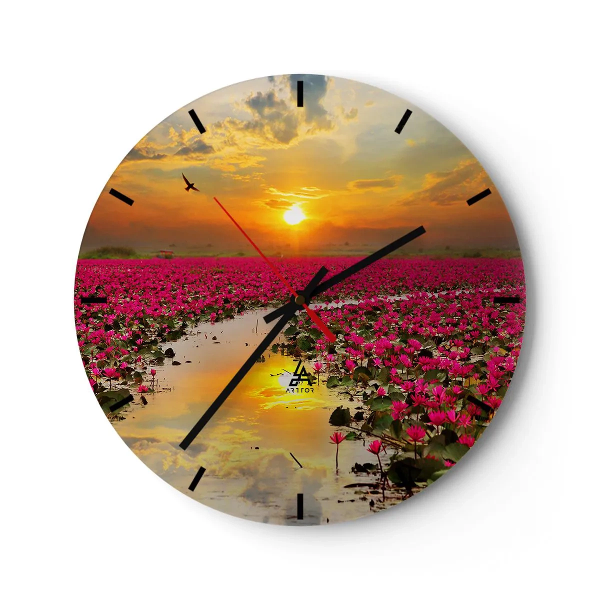 Horloge murale - Pendule murale - Un champ de fleurs de lotus roses au coucher du soleil - 30x30cm - La vie secrète du lac - Décoration murale moderne pour le salon, la cuisine et la chambre ARTTOR