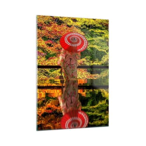 Impression sur verre - Image sur verre - Une femme en kimono avec un parapluie sur fond de paysage d'automne, reflété dans l'eau. - 50x70cm - Dans le temple de la nature - Décoration murale moderne pour le salon et la chambre ARTTOR