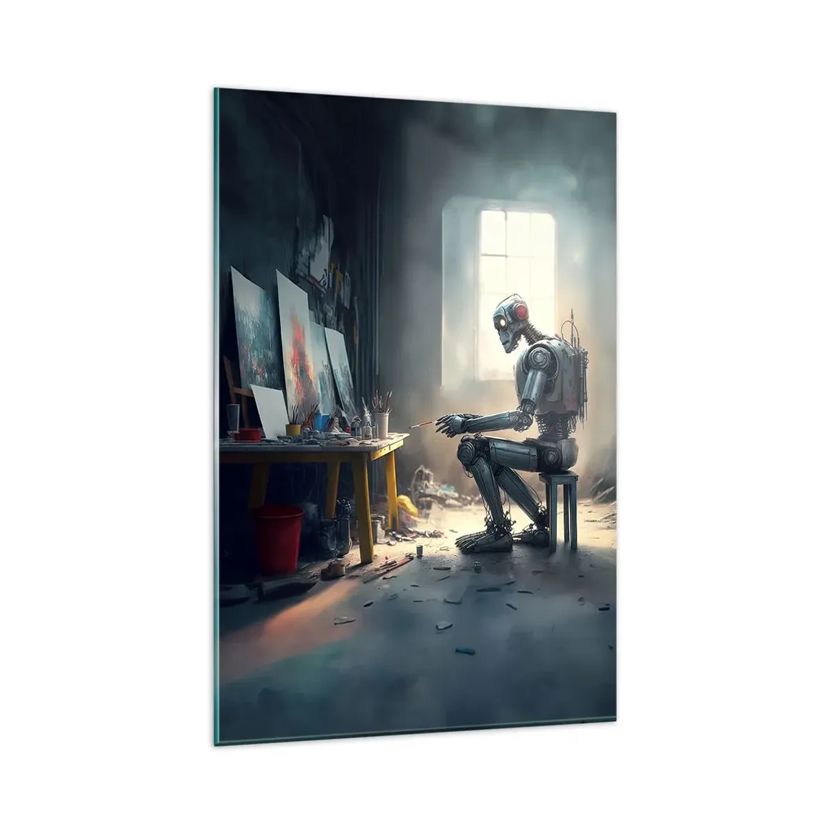 Impression sur verre - Image sur verre - Un robot peignant un tableau dans un atelier d'art - 80x120cm - L'acte de création - Décoration murale moderne pour le salon et la chambre ARTTOR