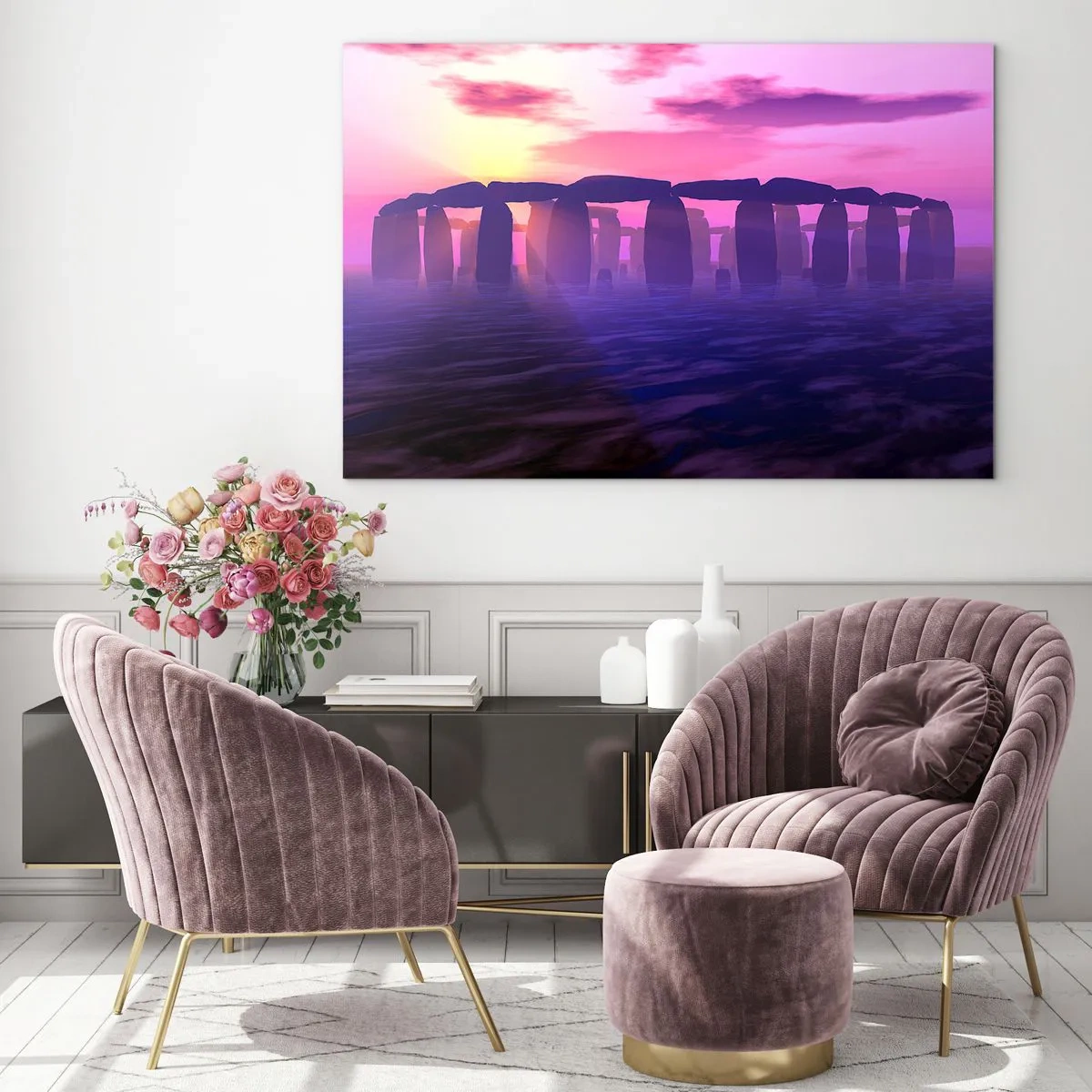 Impression sur verre - Image sur verre - Stonehenge à la lumière d'un coucher de soleil rose - 120x80cm - Mystère à l'aube dans le brouillard - Décoration murale moderne pour le salon et la chambre ARTTOR