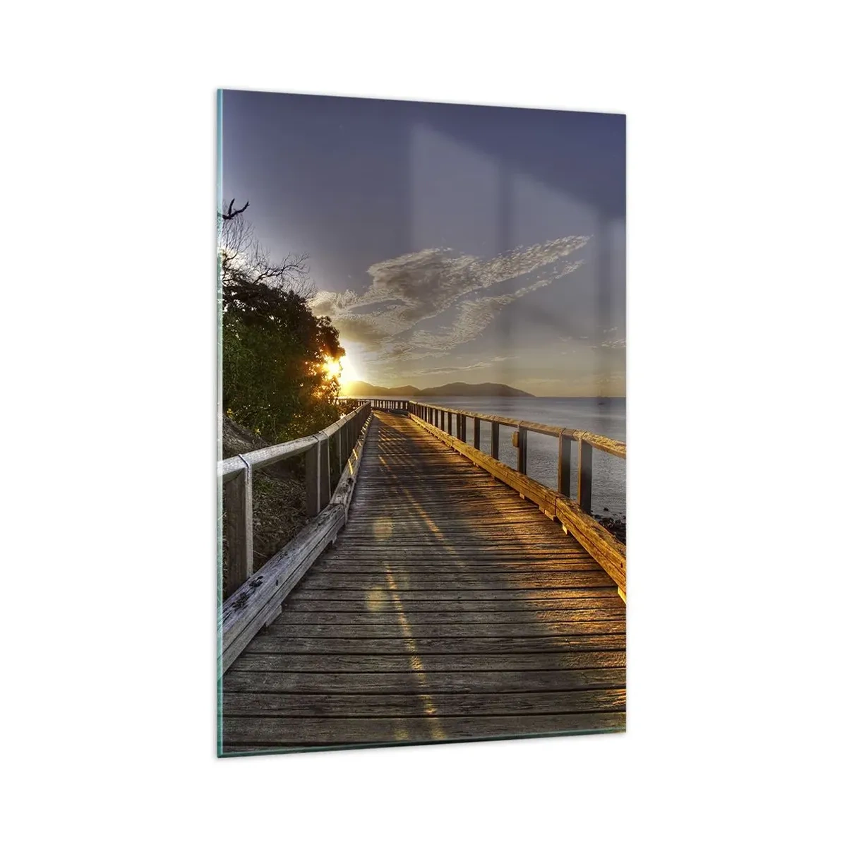 Impression sur verre - Image sur verre - Une jetée en bois mène vers le coucher de soleil sur l'eau - 80x120cm - Aller, aller tout le temps en direction du soleil - Décoration murale moderne pour le salon et la chambre ARTTOR