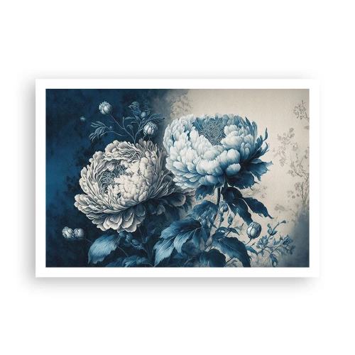 Affiche - Poster - Pivoines bleues sur un fond subtil avec un motif délicat - 100x70cm - Paire assortie - Décoration murale moderne pour le salon et la chambre ARTTOR