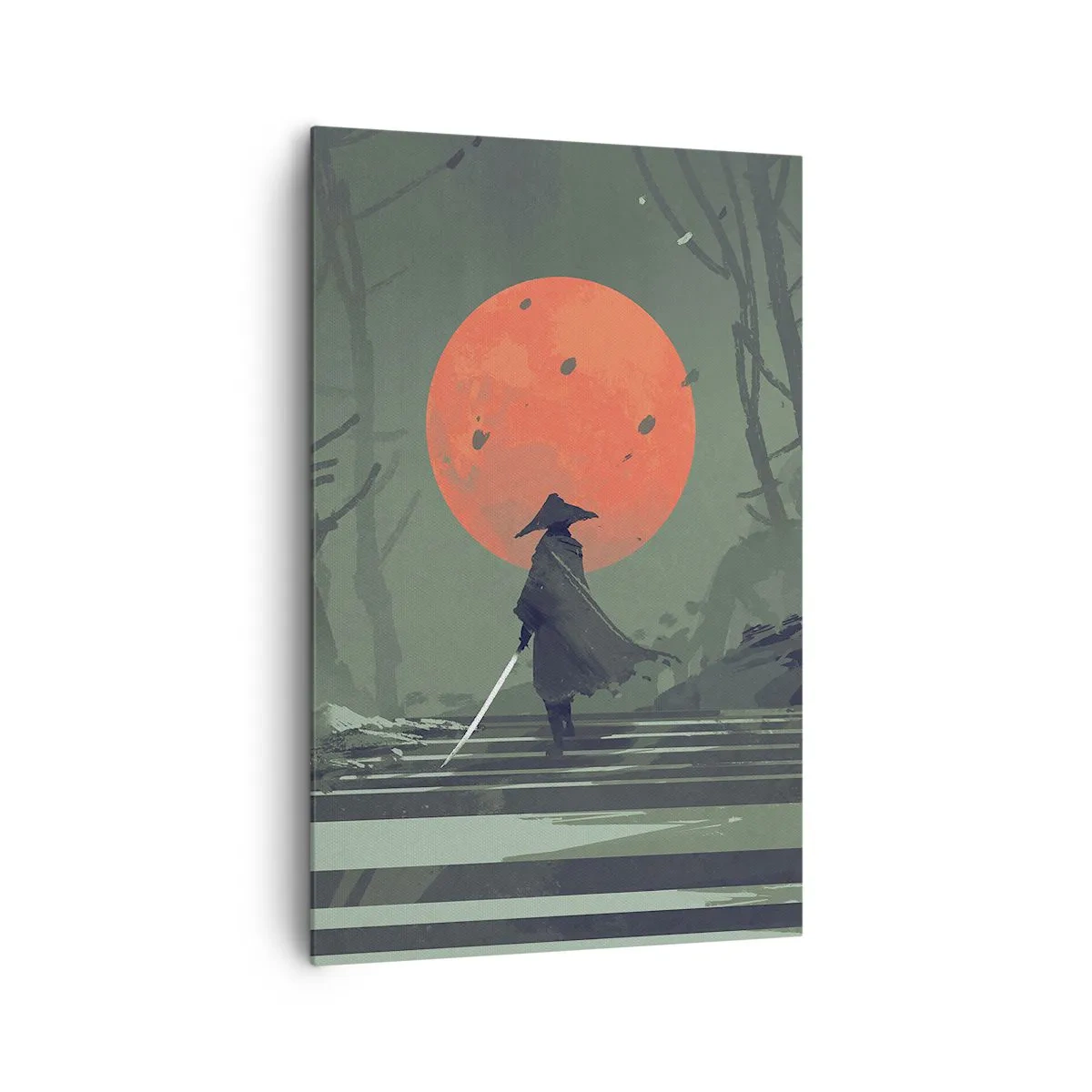 Impression sur toile - Image sur toile - Un guerrier solitaire avec une épée sur fond de lune rouge dans une forêt sombre. - 80x120cm - Guerrier de la lune rouge - Décoration murale moderne pour le salon et la chambre ARTTOR