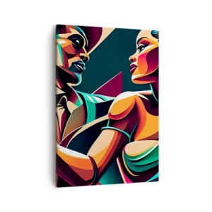 Impression sur toile - Image sur toile - Un couple stylisé dansant dans des couleurs vibrantes et géométriques. - 50x70cm - Au rythme du coeur - Décoration murale moderne pour le salon et la chambre ARTTOR