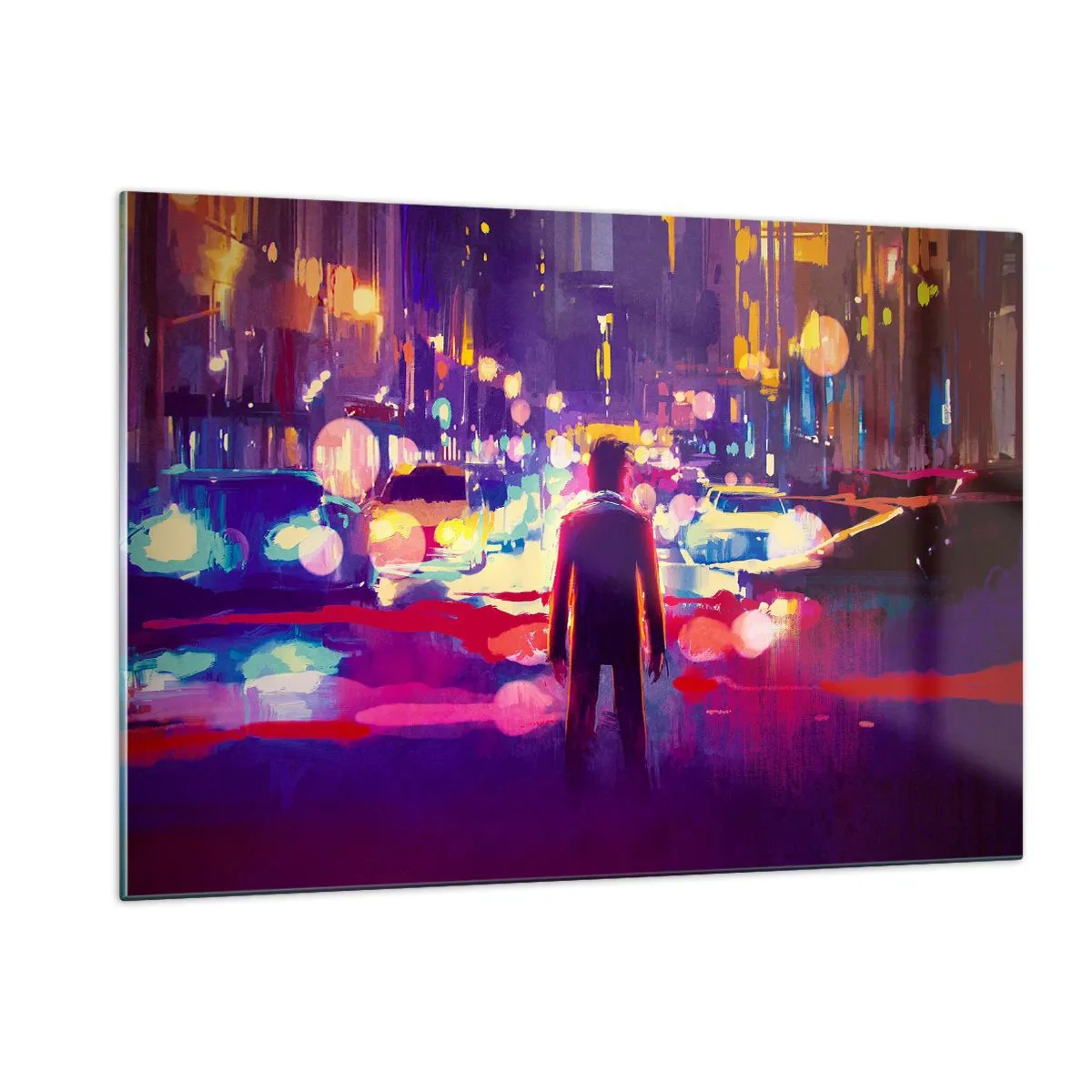 Impression sur verre - Image sur verre - Une silhouette dans une veilleuse urbaine colorée et futuriste - 120x80cm - Immergé dans la lumière - Décoration murale moderne pour le salon et la chambre ARTTOR