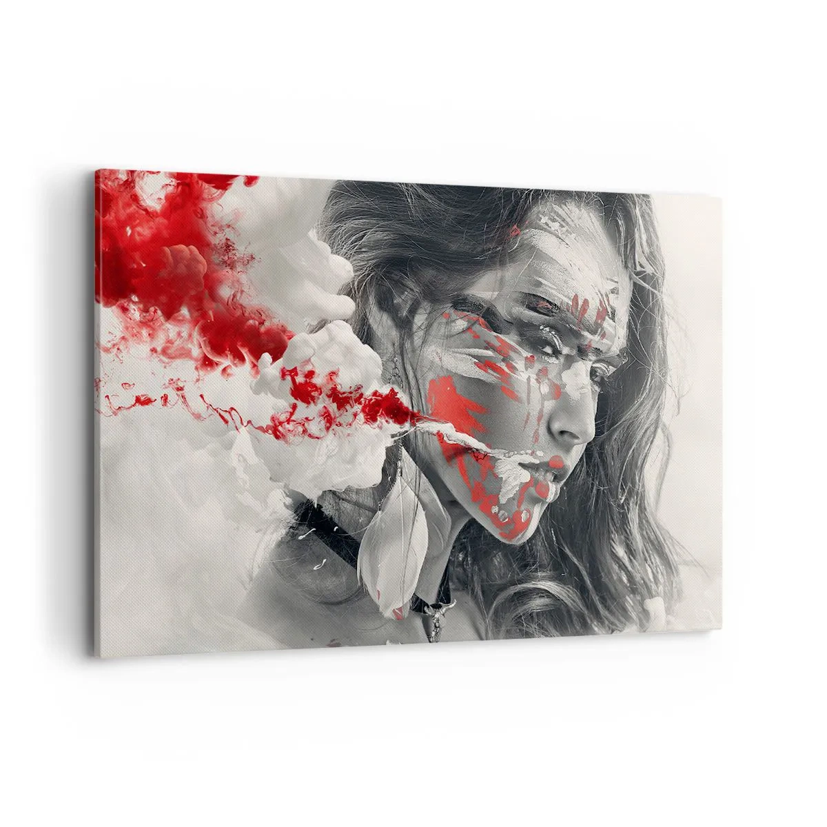 Impression sur toile - Image sur toile - Portrait artistique d'une femme aux accents rouges abstraits - 120x80cm - Dans les fumées de l'absurde - Décoration murale moderne pour le salon et la chambre ARTTOR