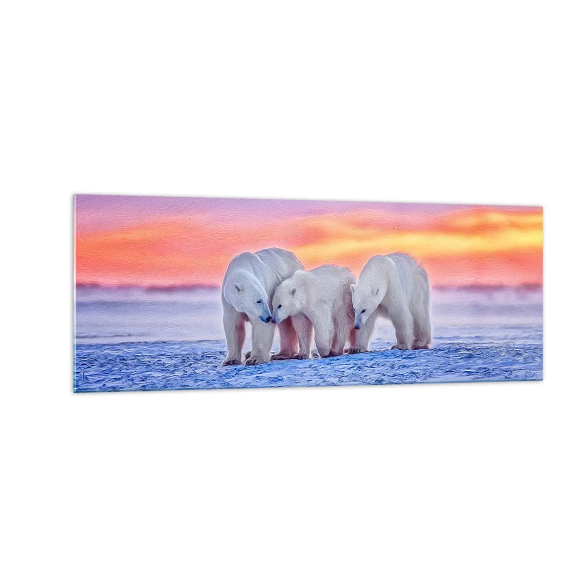 Impression sur verre - Image sur verre - Trois ours polaires sur fond de coucher de soleil arctique - 140x50cm - La chaleur familiale suffit - Décoration murale moderne pour le salon et la chambre ARTTOR