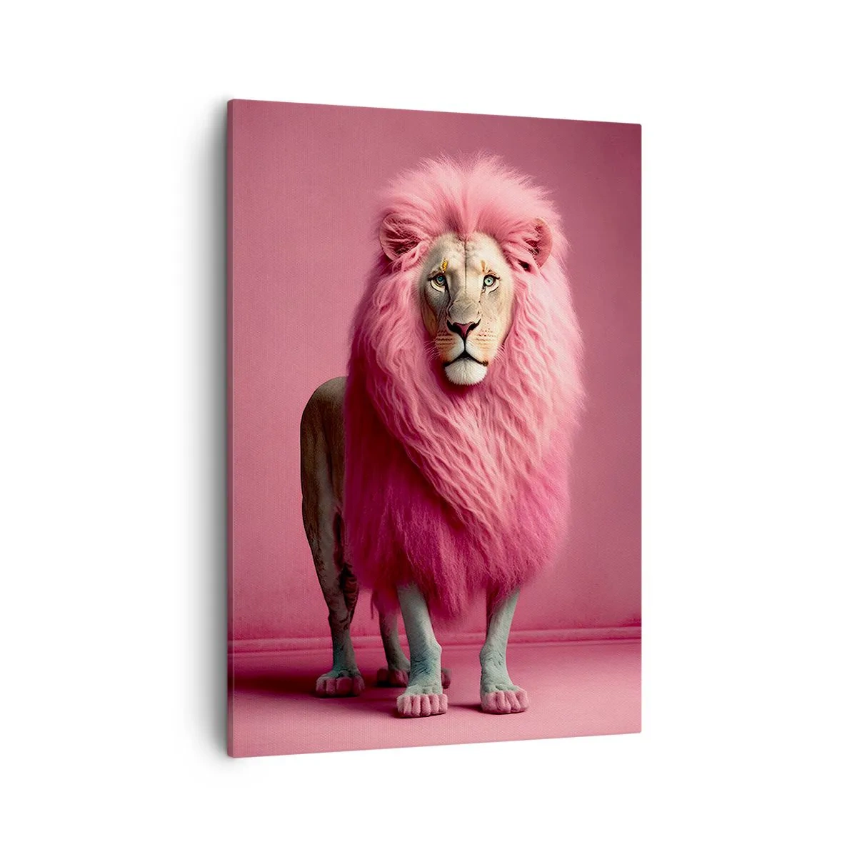 Impression sur toile - Image sur toile - Un lion rendu artistiquement avec une crinière rose sur un fond rose - 50x70cm - Et tu n'as plus peur - Décoration murale moderne pour le salon et la chambre ARTTOR