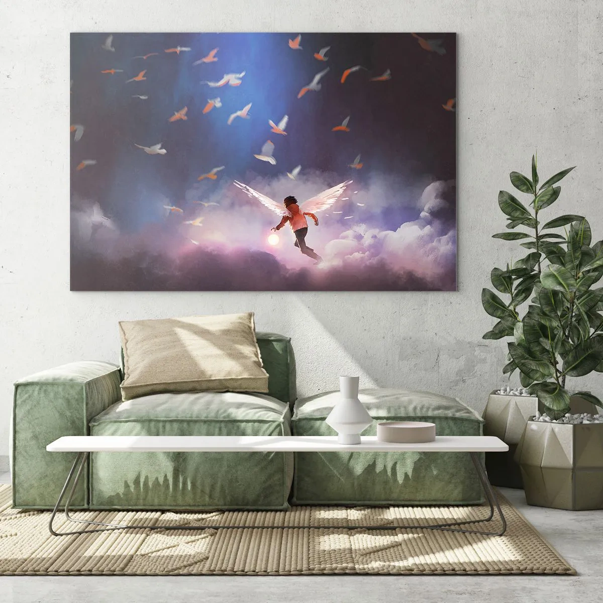 Impression sur verre - Image sur verre - Une silhouette avec des ailes d'ange flottant parmi les nuages - 70x50cm - Il faut de l'imagination et du courage - Décoration murale moderne pour le salon et la chambre ARTTOR